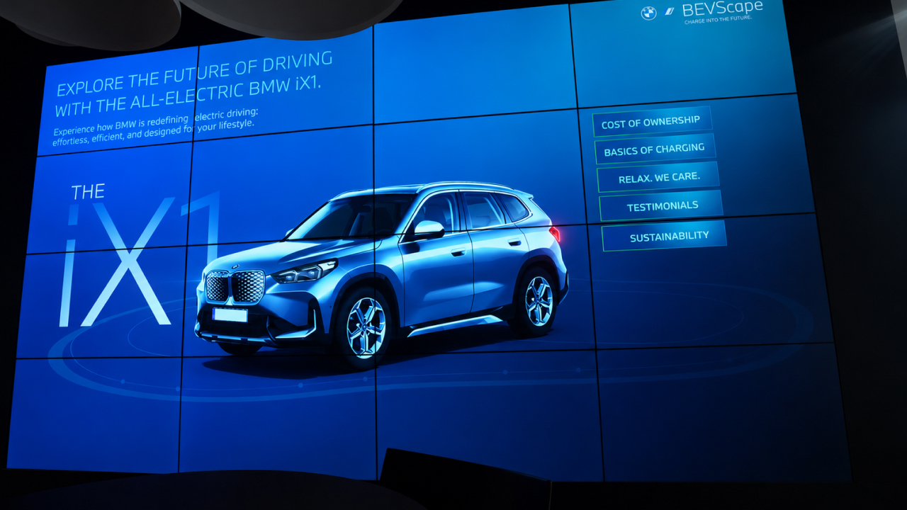 BMW iX1 electric vehicle showcased on a large digital display wall